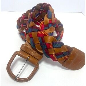 Leather Guatemala Belt Colorful W/ Red Blue Pink & Yellow Woven Strapping Large